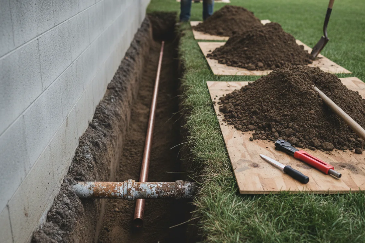 Excavated water line trench during Water Softener Installation in Kennedyville